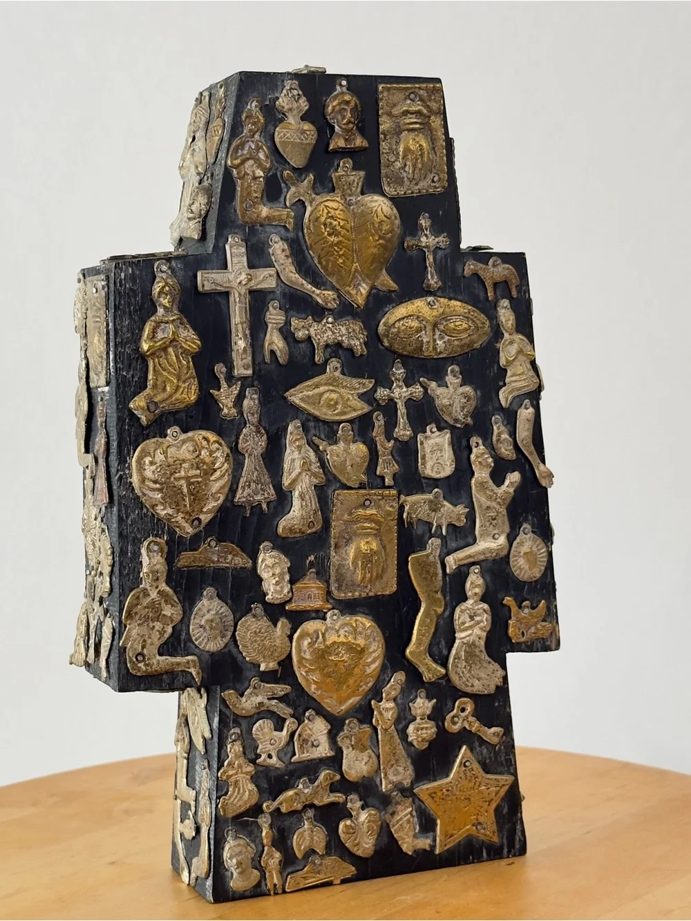 Vintage Estela Ogazon? Milagros Cross Mexican Tin Punched Folk Art,Nailed Charms
